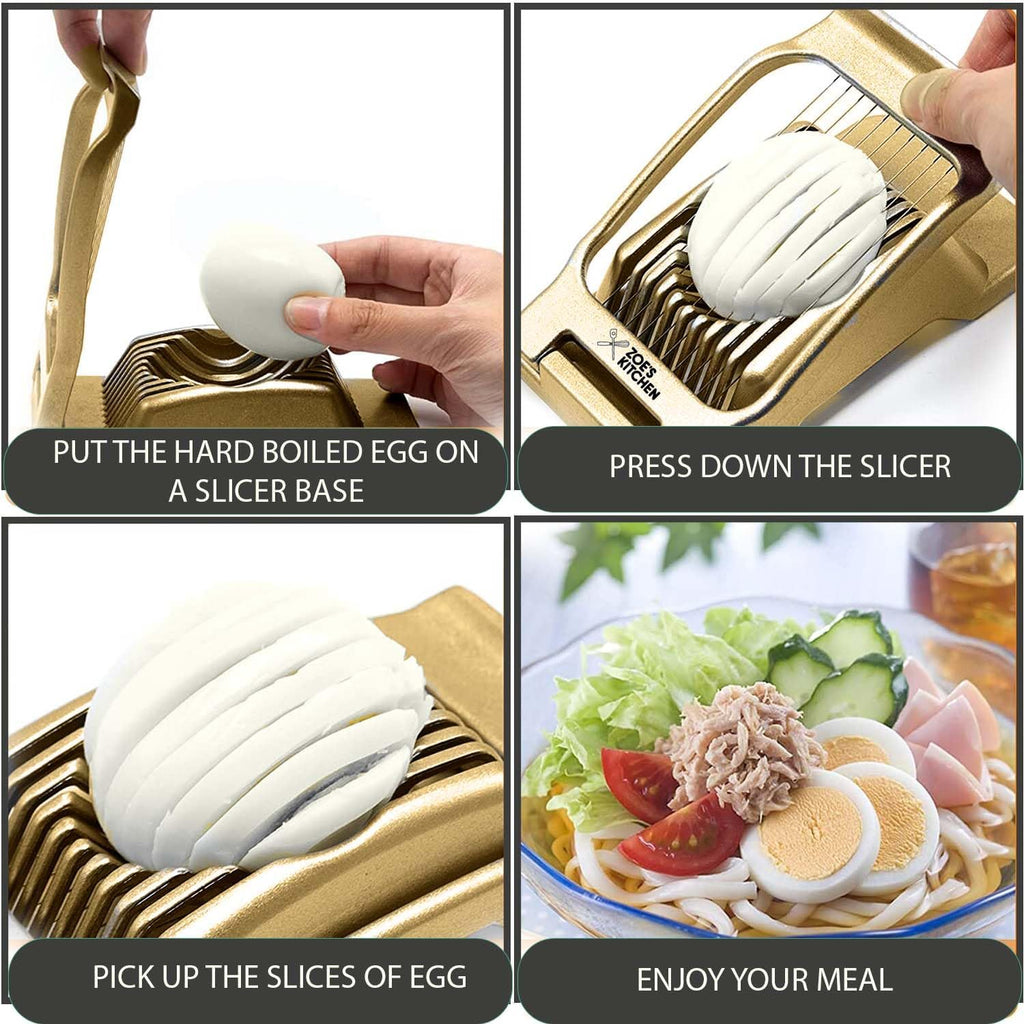 Zoe's Kitchen Good Grip Egg Slicer for Hard Boiled Eggs Heavy Duty Professional Large Aluminum Egg Slicer with Stainless Steel Wires Kitchen Aid Egg, Strawberry Slicer Hard Boiled Egg Cutter (Golden)
