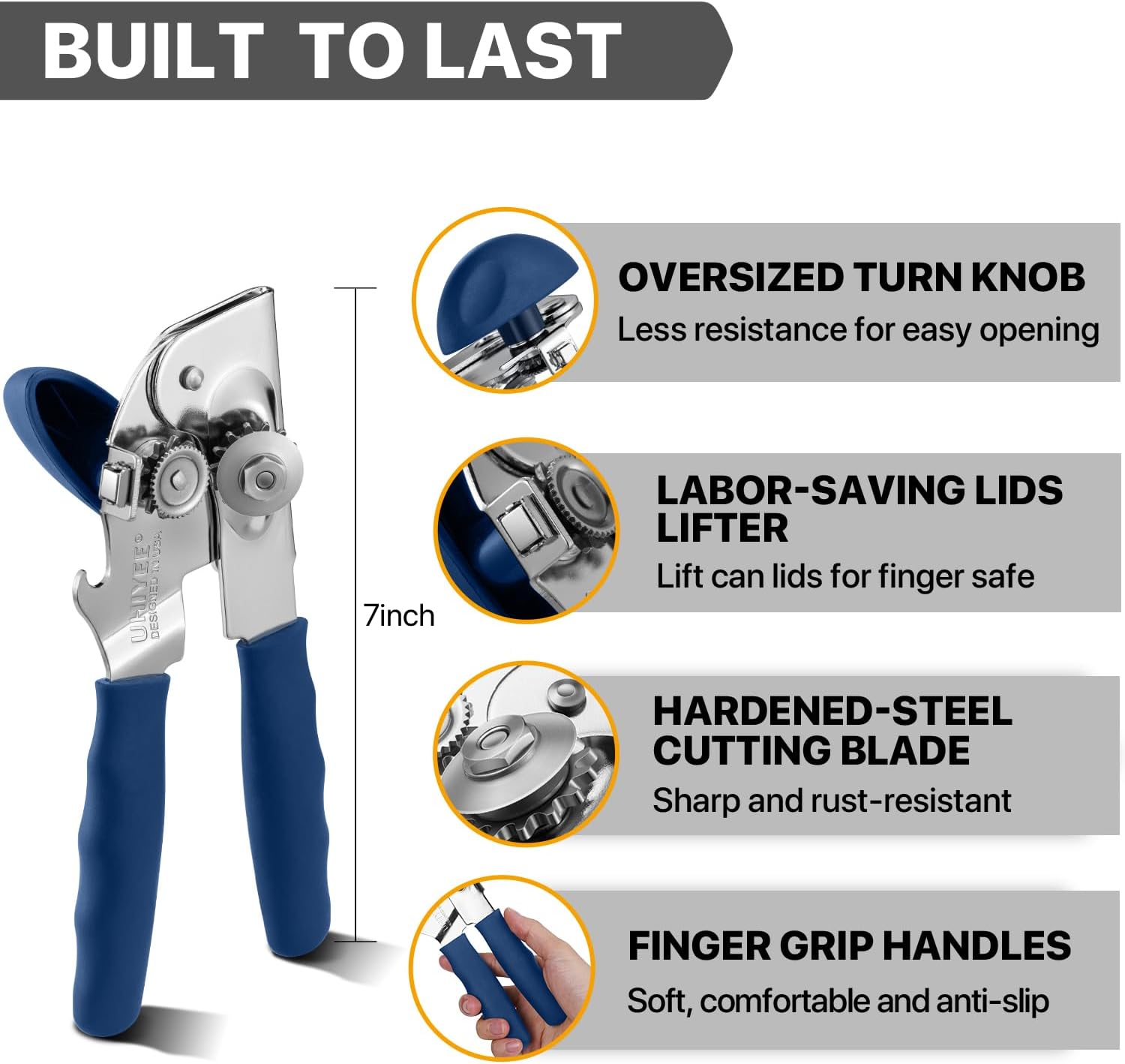 Can Opener Manual Heavy Duty, UHIYEE Hand Held Can Openers for Seniors with Comfort Grip Sharp Blade, Solid Steel Hand Manual Can Open with Magnet for Kitchen Camping, Blue