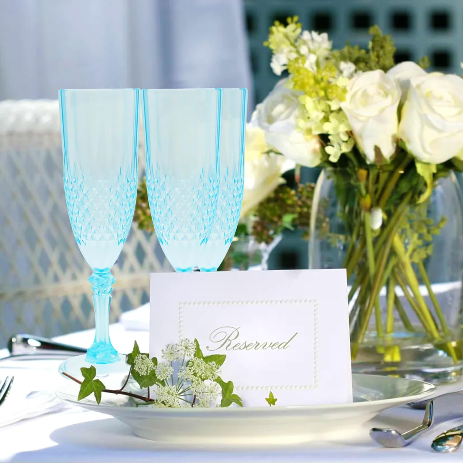 Plastic Champagne Flutes, 48PCS Light Cyan Wine Glasses Goblets Reusable Champagne Flute for Weddings, Bachelor Parties, Toasting, and Events(48,Light Cyan)