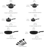 Amazon Basics Non Stick Kitchen Cookware 15-Piece Set, Non-Induction, Includes Pots, Pans, and Utensils, Black