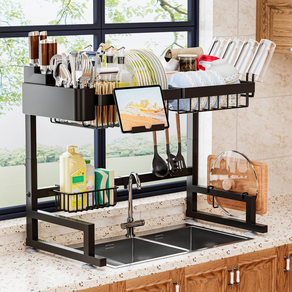 Over Sink Dish Drying Rack (Expandable Height/Length) Snap-On Design Large Dish Drainer Storage Counter Organizer 24" - 35.5"(L) x 12"(W) x 19" - 22"(H)