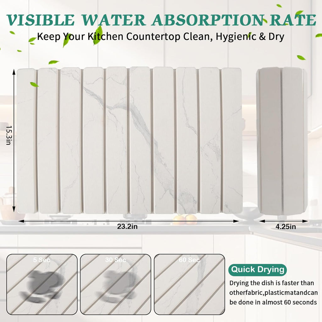 Stone Dish Drying Mat for Kitchen Counter, 24''×15'' White Marble Dishes Drying Matt Kitchen Counter, Absorbent Diatomaceous Earth Bath Quick Dry Mats for Tableware, Bottles and Cup