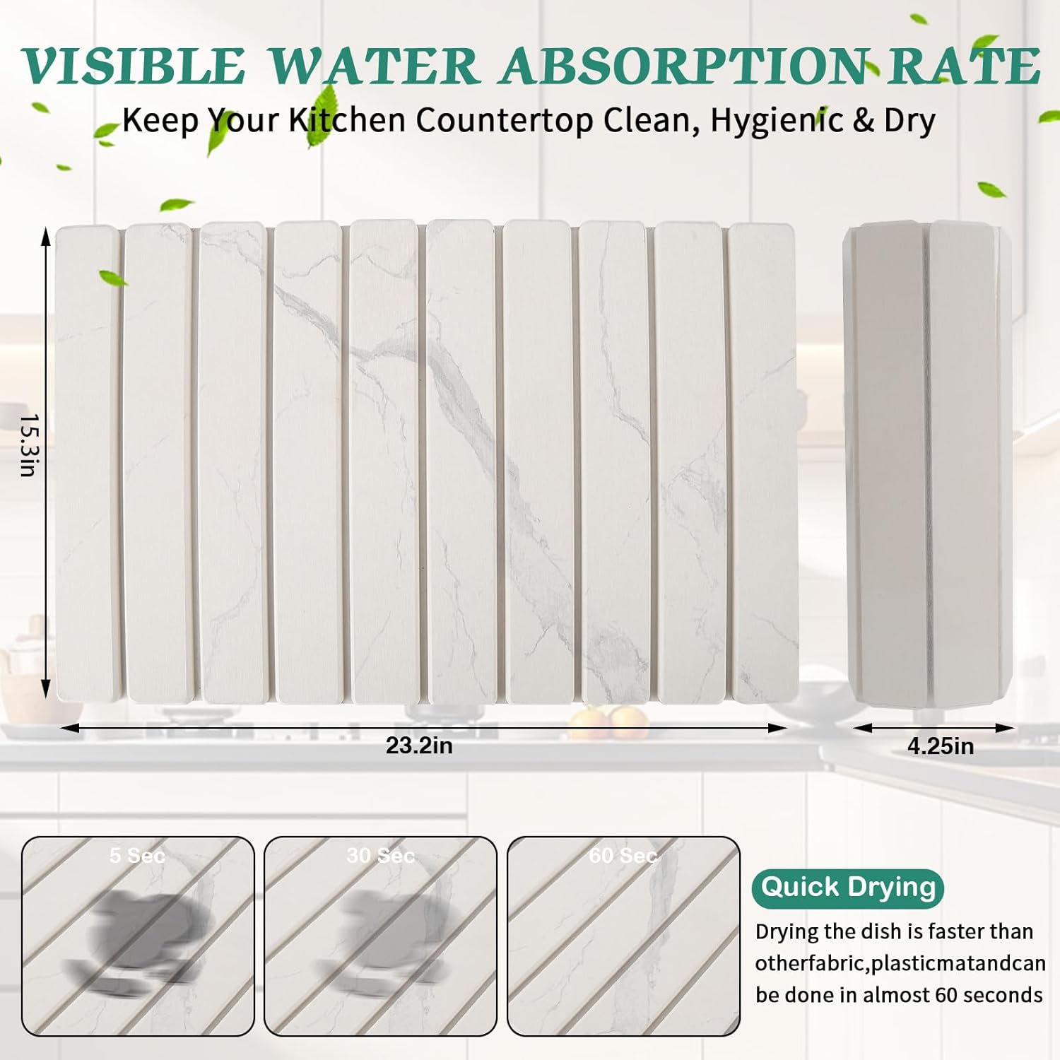 Stone Dish Drying Mat for Kitchen Counter, 24''×15'' White Marble Dishes Drying Matt Kitchen Counter, Absorbent Diatomaceous Earth Bath Quick Dry Mats for Tableware, Bottles and Cup