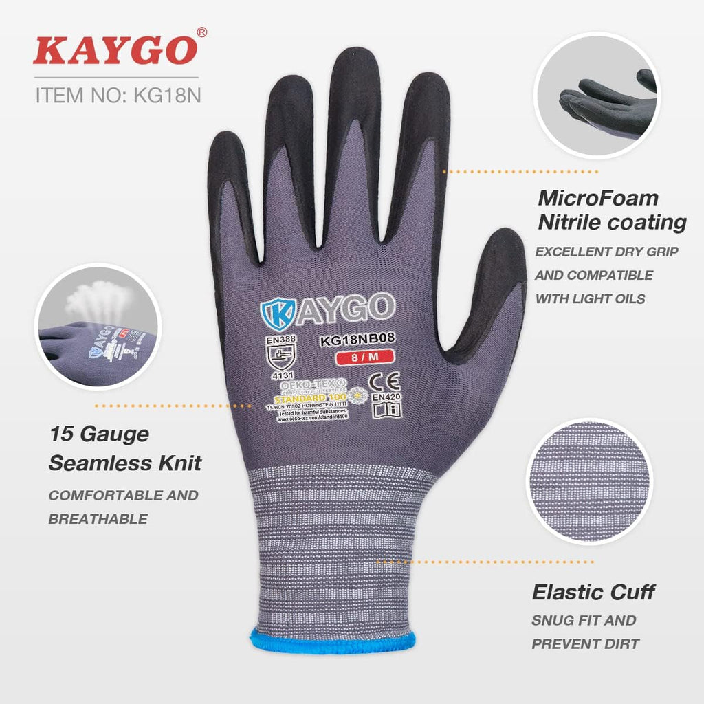KAYGO Safety Work Gloves MicroFoam Nitrile Coated-60 Pairs, KG18NB,Seamless Knit Nylon Glove with Black Micro-Foam Nitrile Grip,Ideal for General Purpose,Automotive,Home Improvement, Large