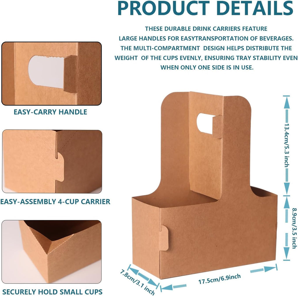100 Pack 2-Cup/4-Cup Drink Carrier with Handle (12-30oz) | Disposable Paperboard Cup Holder | Foldable Beverage Tray for Hot/Cold Drinks, Coffee to Go, Delivery & Takeout