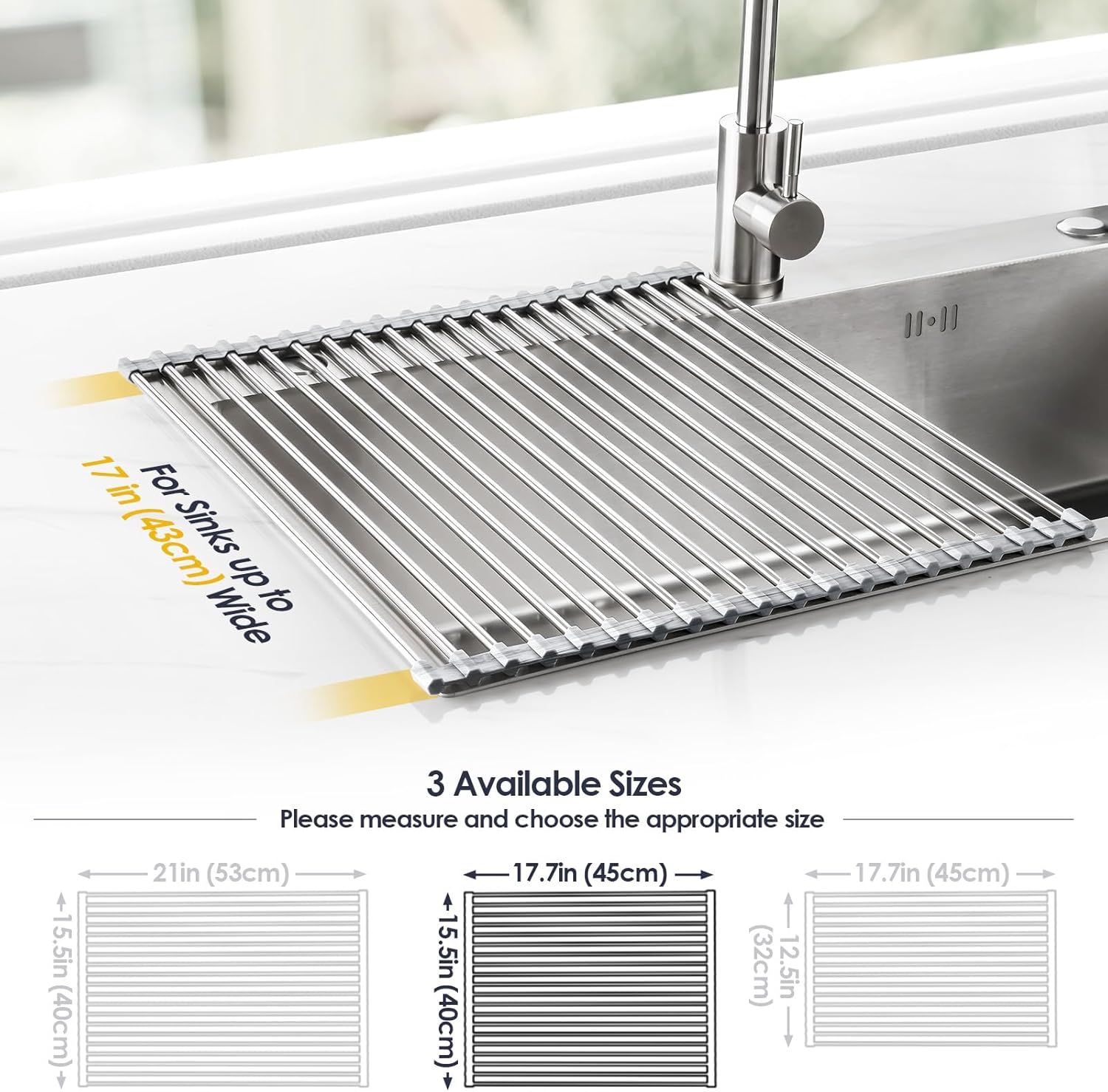 Tomorotec Stainless Steel Roll-Up Dish Drying Rack Marble Color Silicone Edges, Foldable Kitchen Rack Heat Resistant Trivet Supports up to 70 lbs, Food Safe for Dishes, Cookware & More
