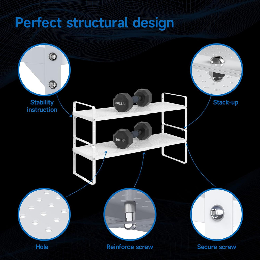 Expandable Cabinet Shelf Organizer Adjustable Metal Spice Rack Stackable Freestanding Counter Storage Shelves for Kitchen Cabinet Under Sink Office Desk (White - 2Pack - L16.5-27'' * W10.2'' * H9.6'')
