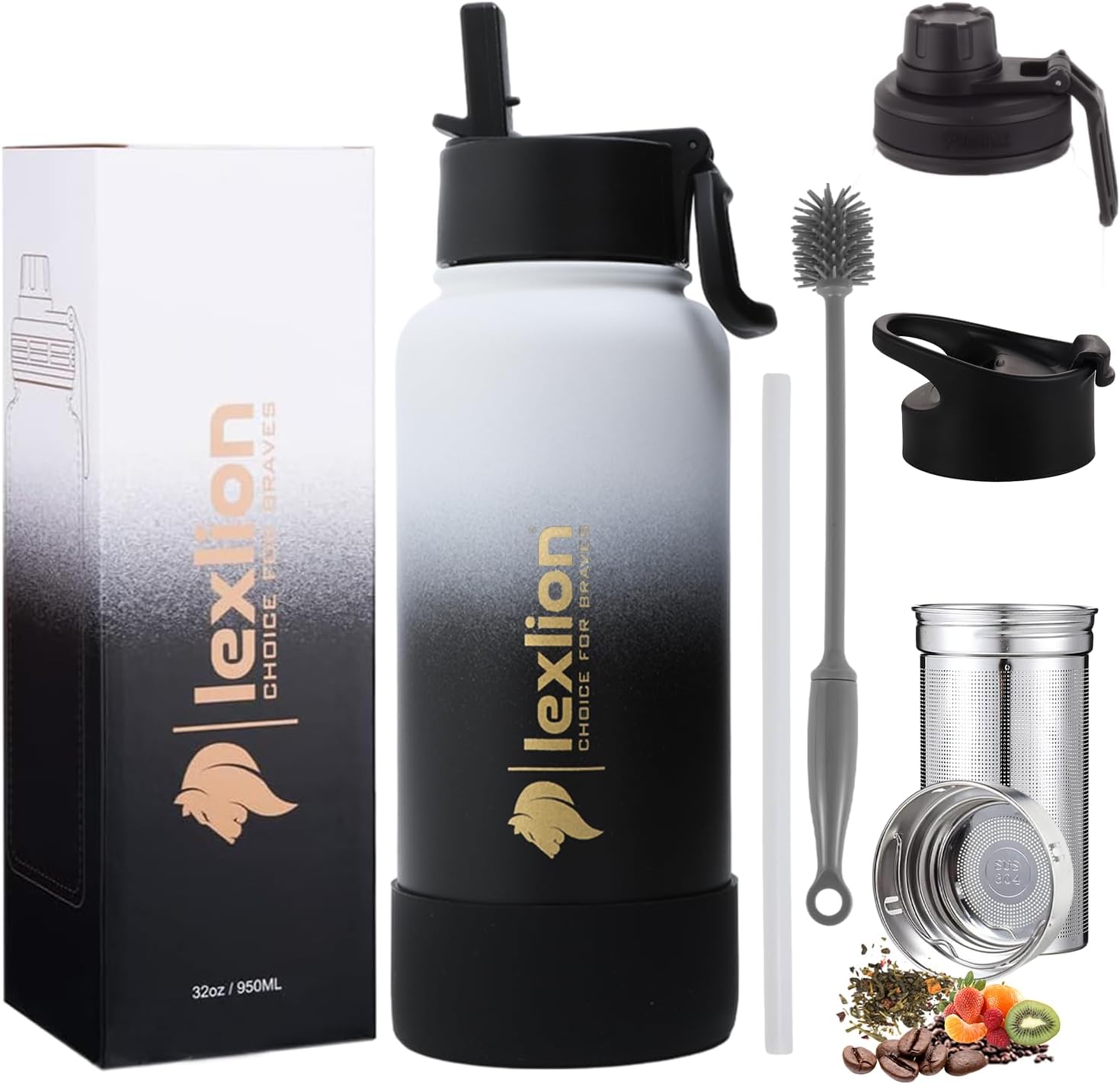 Lexlion 32 Oz Triple Walled Insulated Stainless Steel Fruit Infuser Water Bottle, Leakproof, 3 Lids, Infuser, Silicone Sleeve