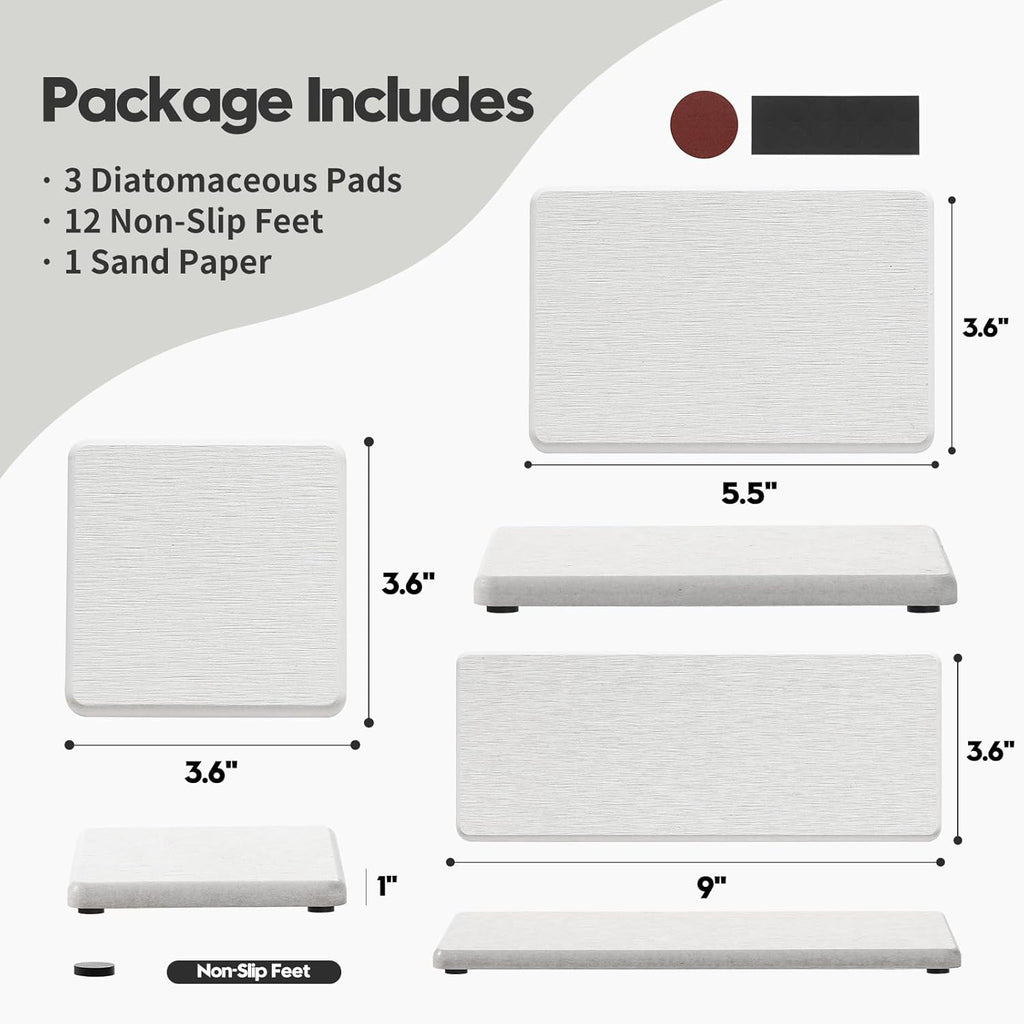 3PCS Bathroom Sink Vanity Trays, Quick Stone Drying Mat Dish Soap Dispenser Sponge Holder for Kitchen Counter, Diatomaceous Earth Water Absorbing Caddy Organizer, Beige