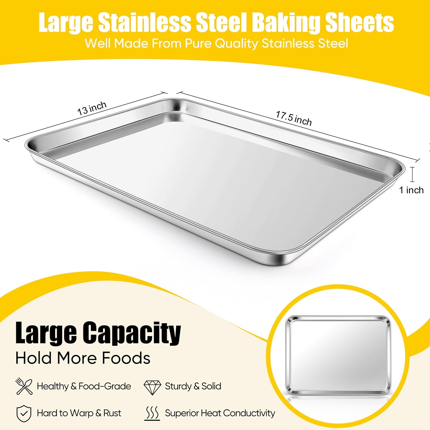 Homikit 2 Pack Baking Sheet, 18” x 13” Stainless Steel Large Cookie Pan Set for Oven, Heavy Duty Metal Half Sheet Baking Tray for Roasting Cooking, Nonstick & Rust Free, Dishwasher Safe
