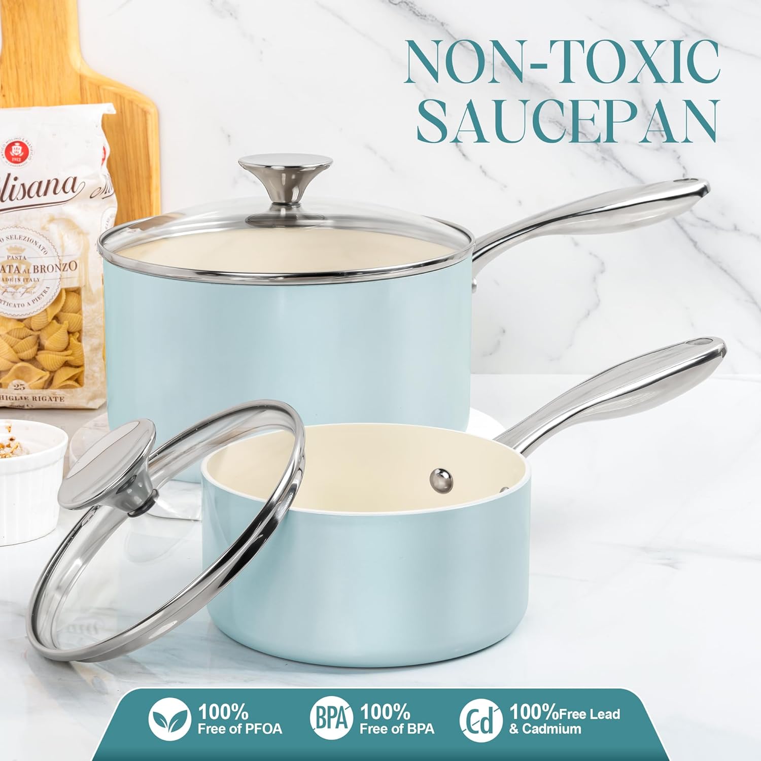 MICHELANGELO 3 Quart Saucepan with Lid - Non Toxic Sauce Pan with Nonstick Ceramic Coating, Scratch-Resistant, Induction Saucepan Suitable for All Stovetops, Light Blue