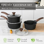VINCHEF Sauce Pan Set with Lid 10PCS, 2QT+3QT+4QT Non Stick Sauce Pots Cooking Induction Pot set, Silicone Tools and Pot Protectors, PFAS and PFOA Free Black