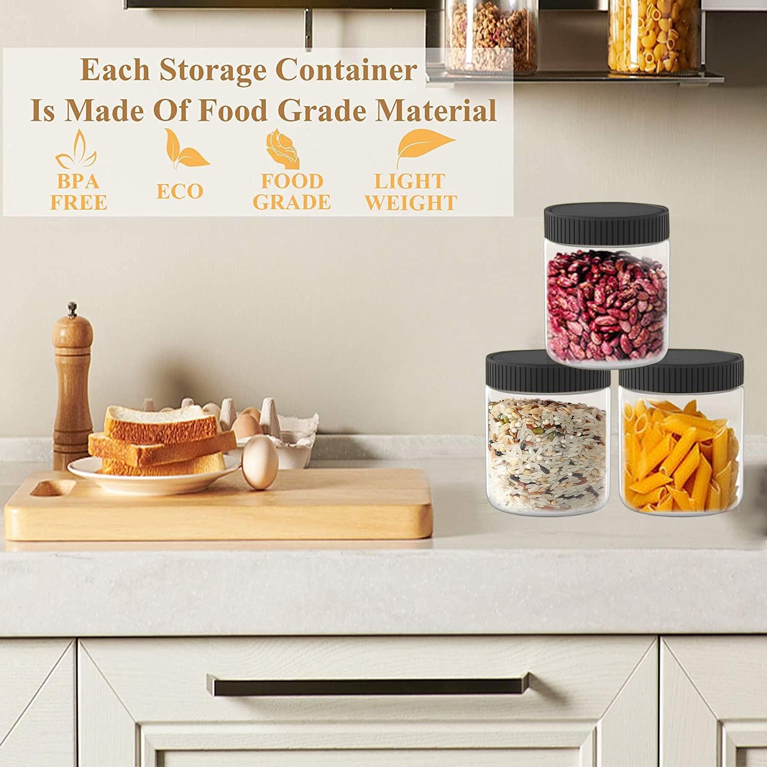 8 Oz Clear Plastic Jars with Black Lids Refillable Kitchen Storage Containers for Dry Food, Coffee, Nuts and More, 6 Pack