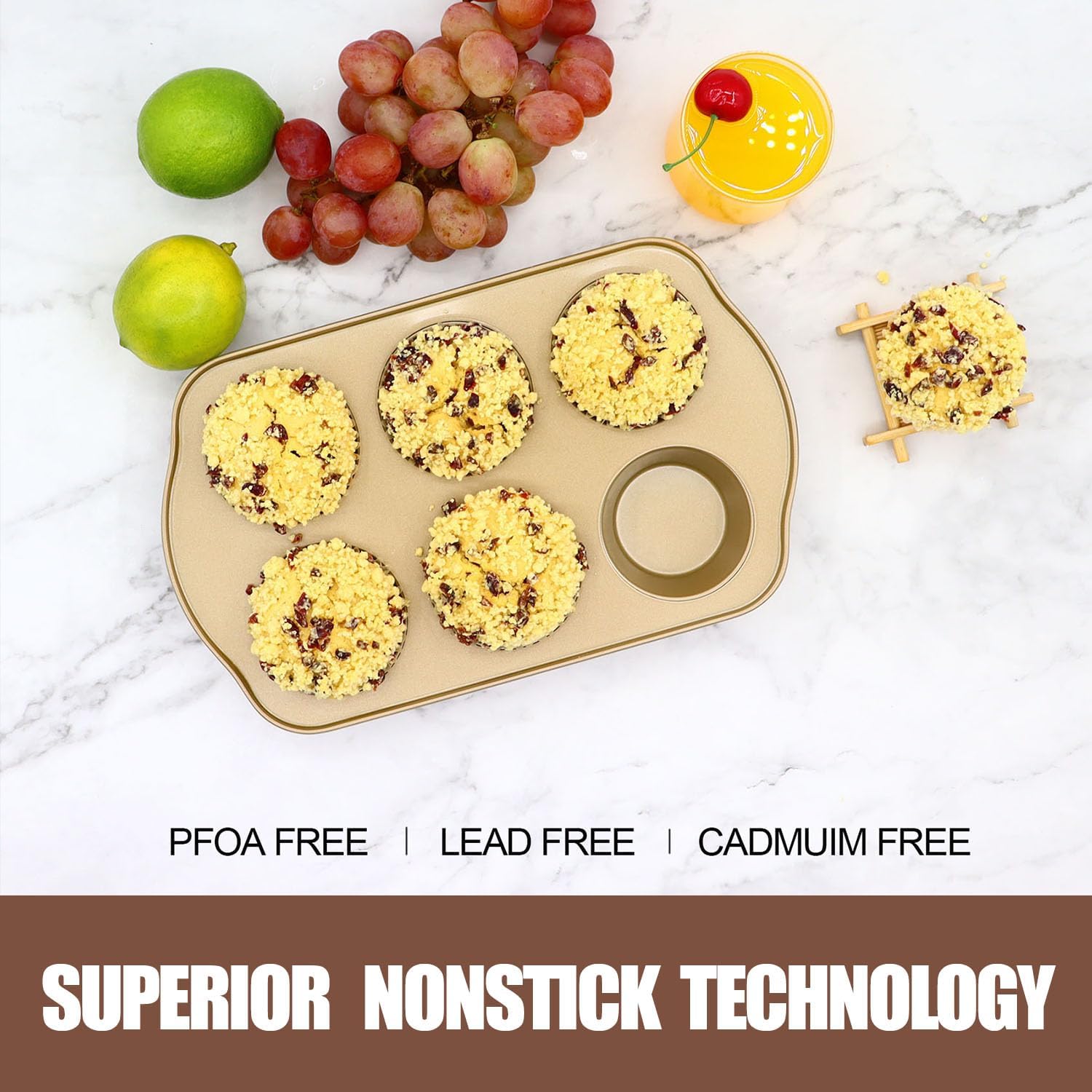 Nonstick 6 Cup Standard Muffin Pan, Cupcake Pan Set, Muffin Tins for Oven, 2 Pack, Gold