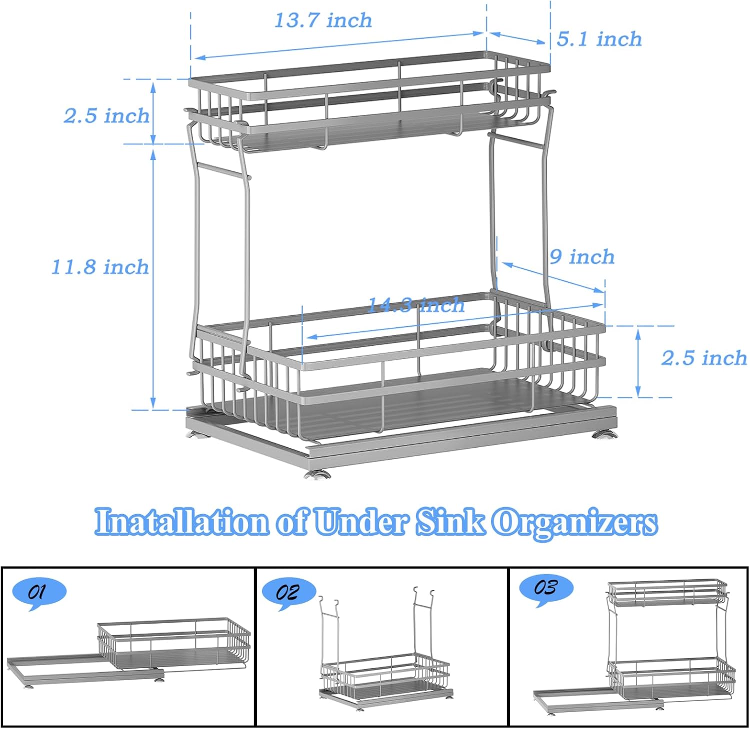 1 Pack Under Sink Organizers and Storage, 2 Tier Pull Out Cabinet Organizer, Metal Sliding Drawer Storage for Kitchen Bathroom，Gray