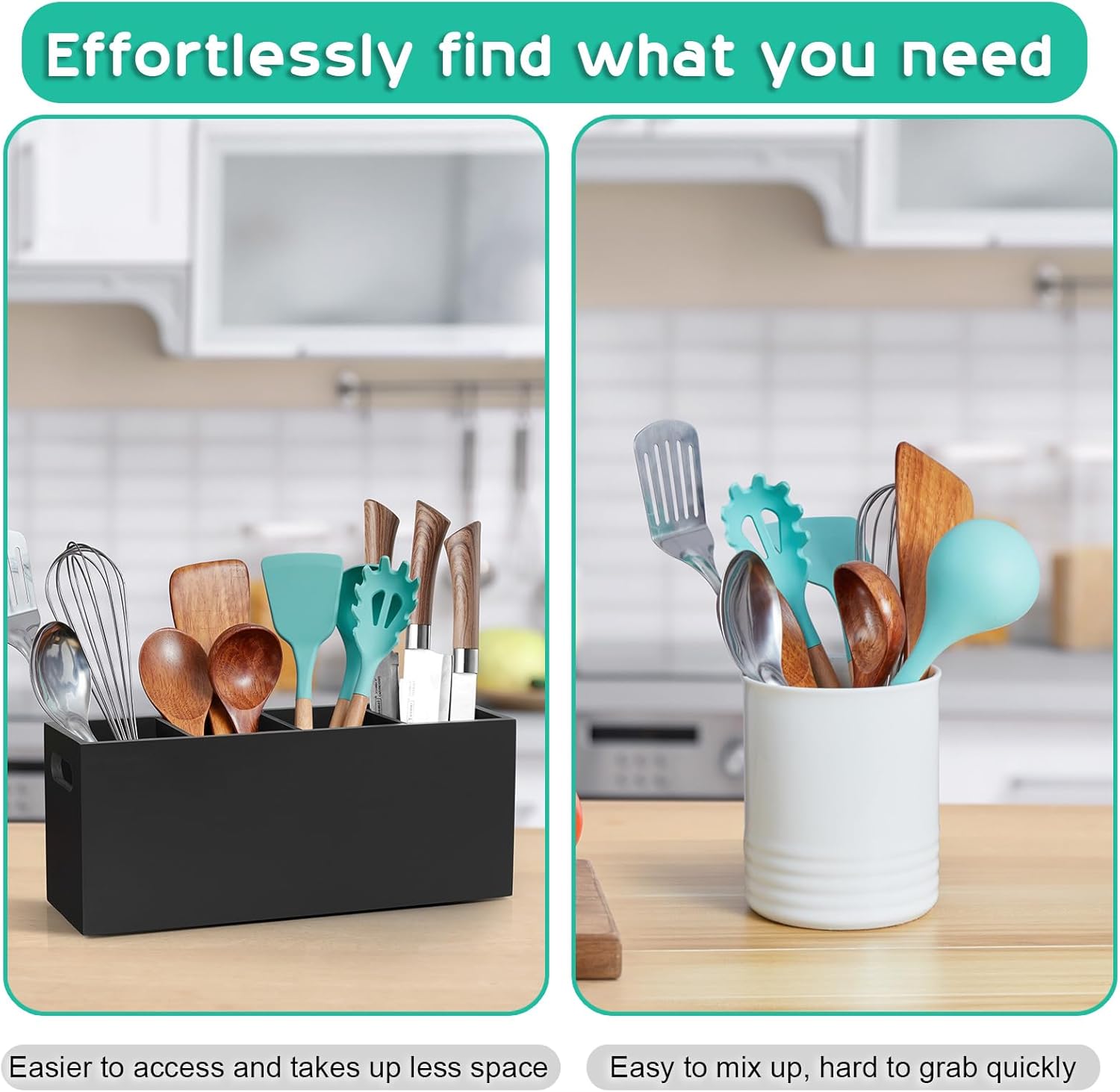 ALELION Large Utensil Holder with Removable Divider - 4 Compartment Wooden Utensil Caddy Organizer for Kitchen Counter - Black Cooking Utensil Crock for Countertop