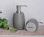 Sandstone Textured Resin Soap Dispenser with Metallic Pump and Waterproof Bottle Labels for Bathroom Kitchen Dish Hand Wash Shower Lotion Shampoo, 12 Oz, 2 Sets Gray