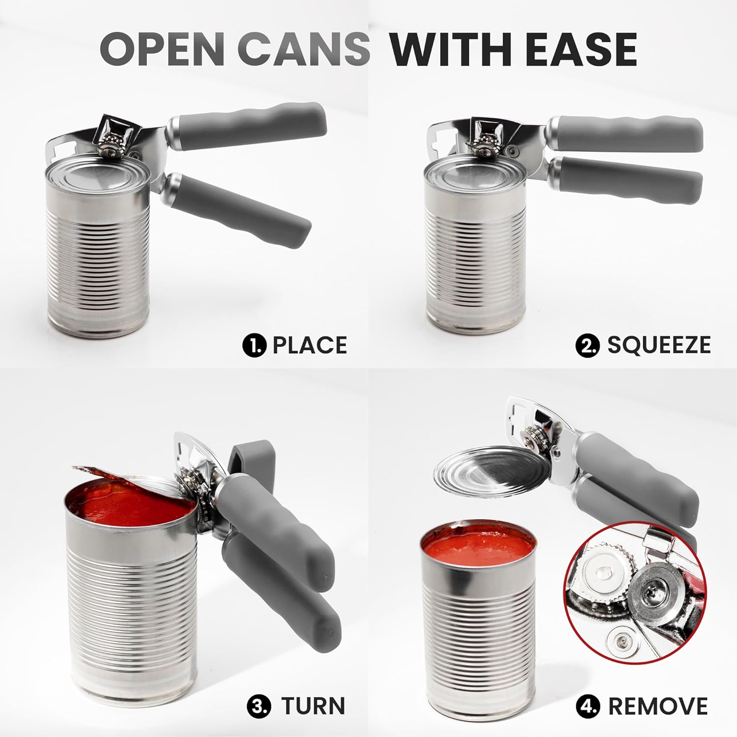 Zulay Kitchen Heavy Duty Stainless Steel Can Opener Manual with Bottle Opener - Rust Proof Manual Can Opener With Turn Knob & Comfy Soft Grip Handles - Light Gray