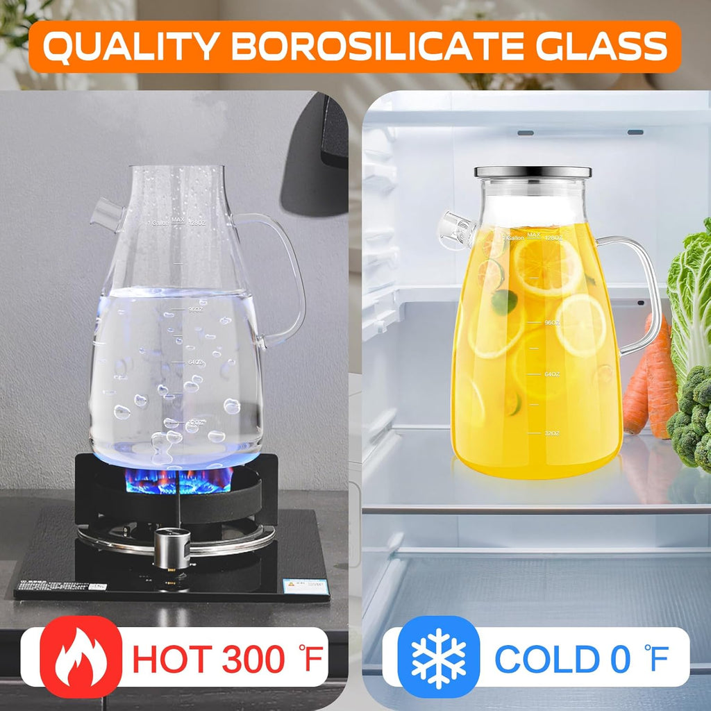 1 Gallon 128oz Glass Pitcher,Water Pitcher with Full Seal Lid and Spout, Glass Carafe for Hot/Cold Drink, Water Jug for Iced Tea, Coffee, Juice, Milk, Beverage