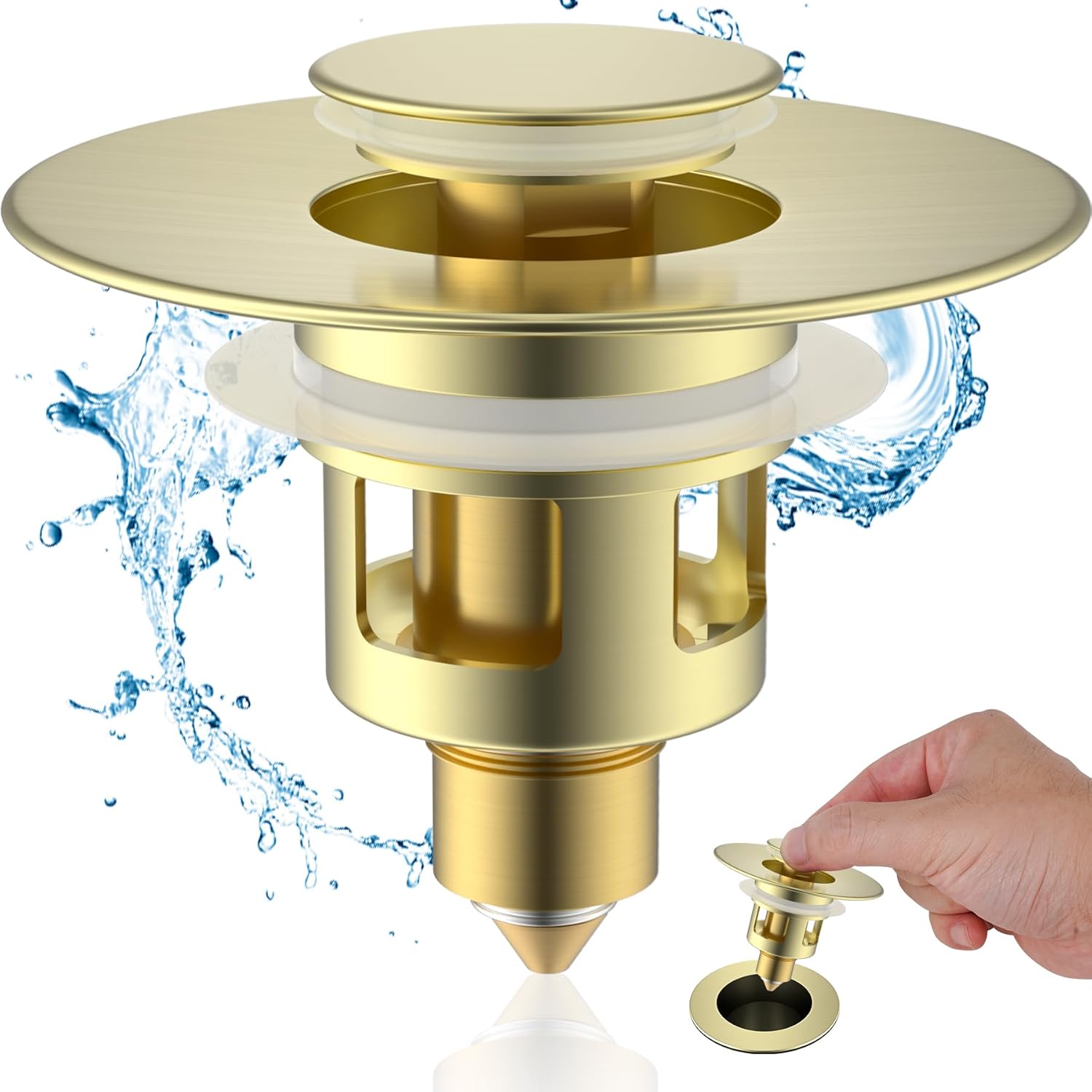 Hibbent All Metal Universal Bathroom Sink Stopper for 1.1''~2.3'' Basin, Pop Up Sink Drain Strainer, Brass Bullet Core Push Type Stopper, Stainless Steel Anti Clogging Drain Filter, Brushed Gold