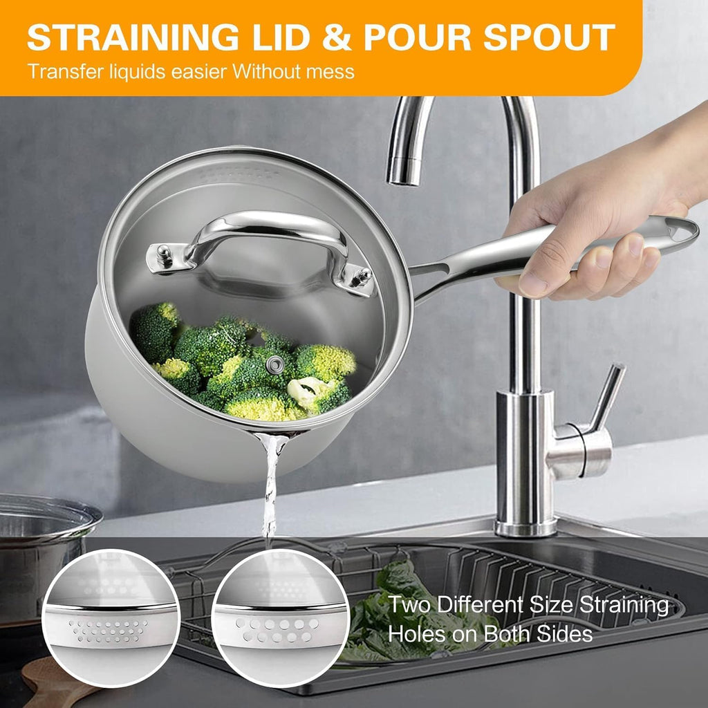 Tri-Ply Stainless Steel Sauce Pan with Steamer Basket & Straining Glass Lid — Heavy-Duty, Thick Base,Rust-Resistant,Warp-Free —100% Food-Grade —Built to Last– Works with All Stovetops, Pasta Pot 2 QT