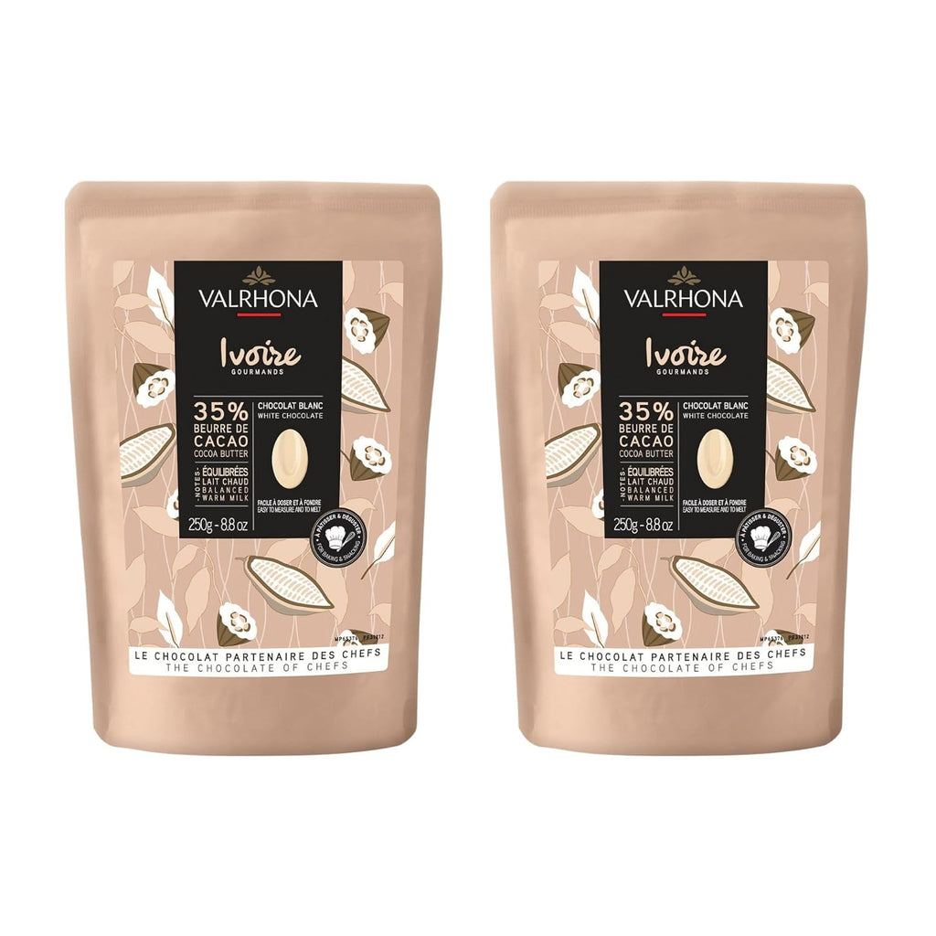 Valrhona Premium French Baking Creamy White Chocolate Discs (Feves) IVOIRE 35% Cacao. Easy Melt and Tempering. Hints of Vanilla & Warm Milk. For Sauces, Mousses, Frostings and Candies 250g (Pack of 2)