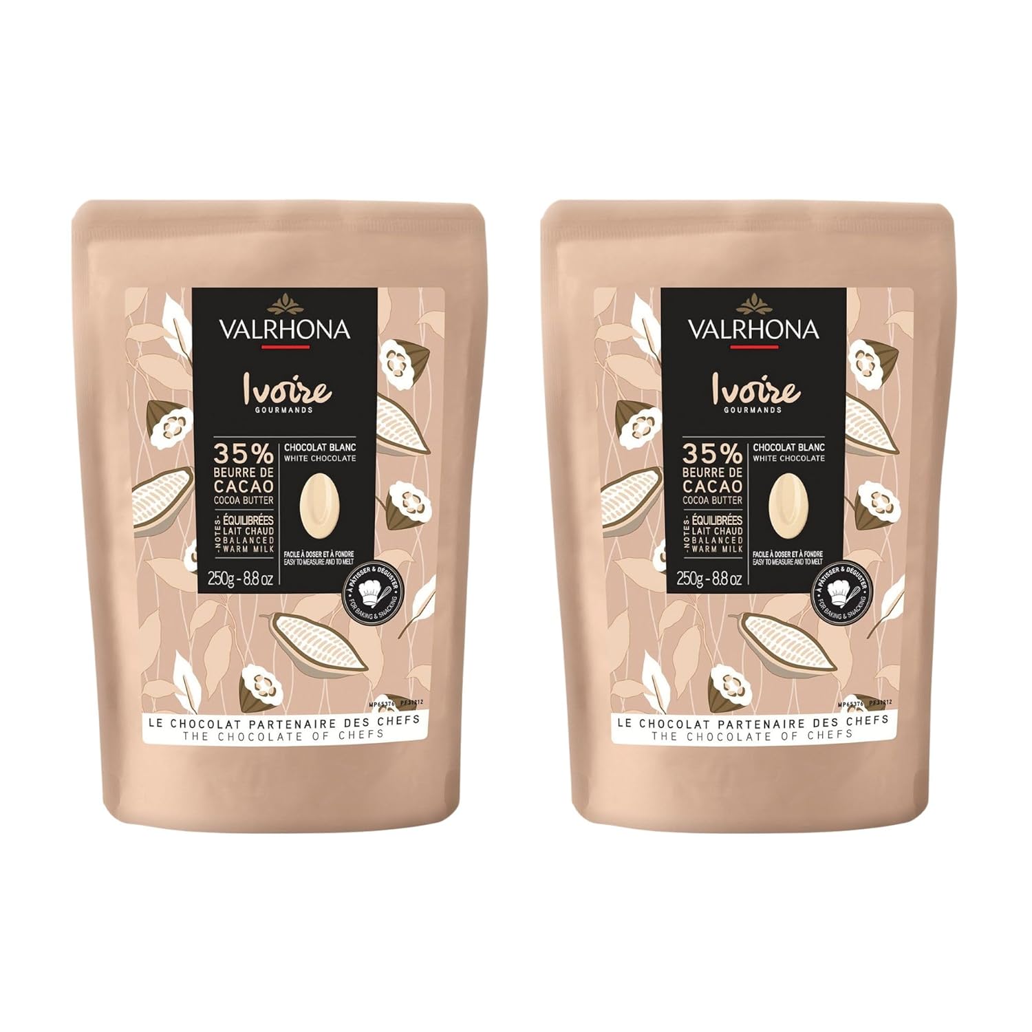 Valrhona Premium French Baking Creamy White Chocolate Discs (Feves) IVOIRE 35% Cacao. Easy Melt and Tempering. Hints of Vanilla & Warm Milk. For Sauces, Mousses, Frostings and Candies 250g (Pack of 2)