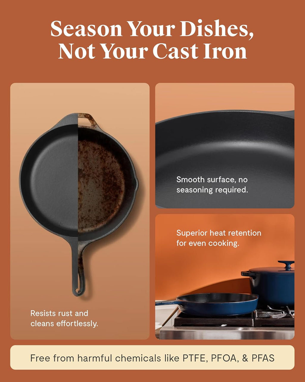 Caraway Cast Iron Skillet - 12” Enameled Cast Iron Pan With 3 Layer Enamel Coating - No Seasoning Required - Compatible With All Stovetops - Free From Forever Chemicals - Cream