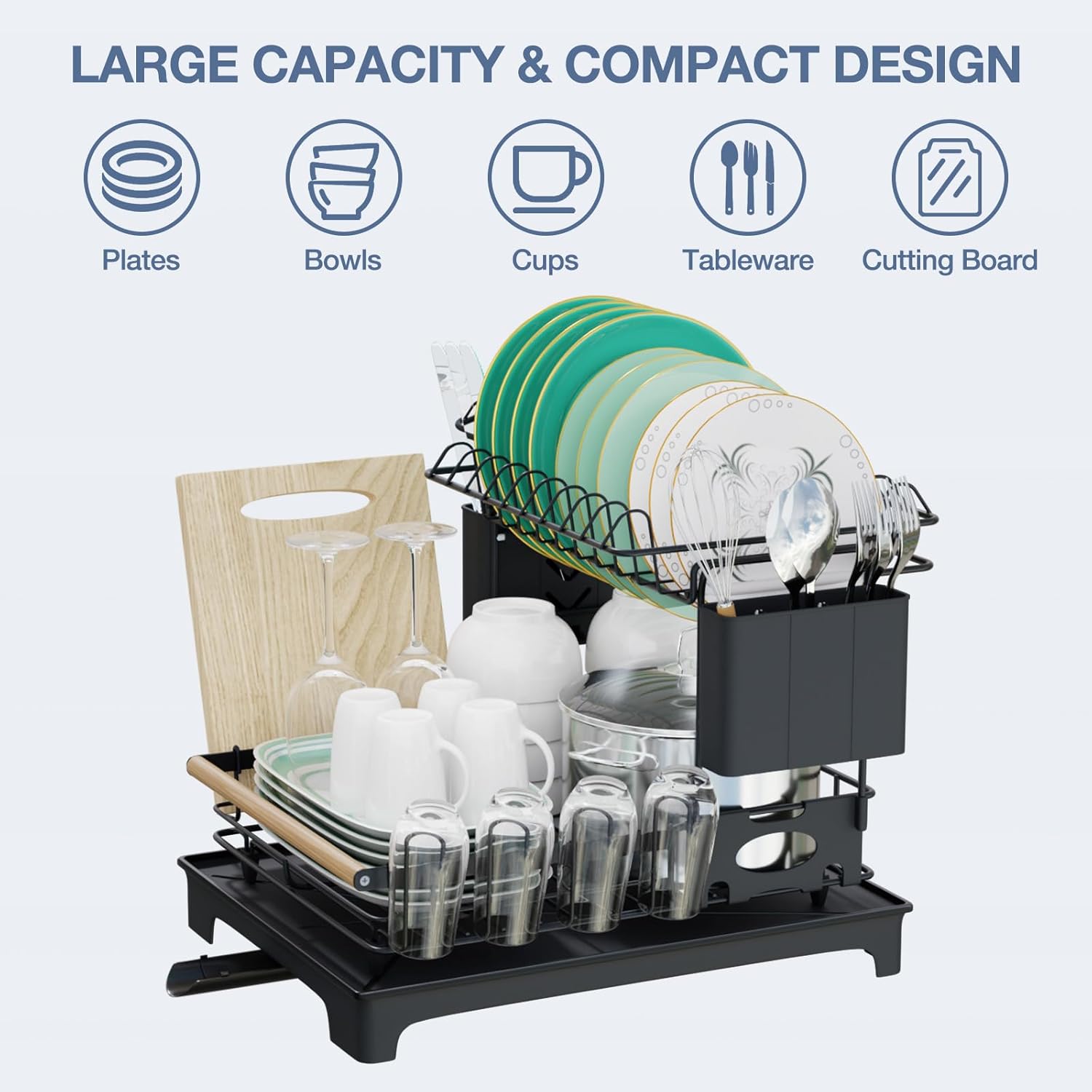 2 Tier Dish Drying Rack, Large-Capacity Dish Rack for Kitchen Counter, Anti-Rust Dish Strainer Rack with Drainboard Set, Kitchen Organizer with Cup Holder, Utensil Holder, Cutting-Board Holder