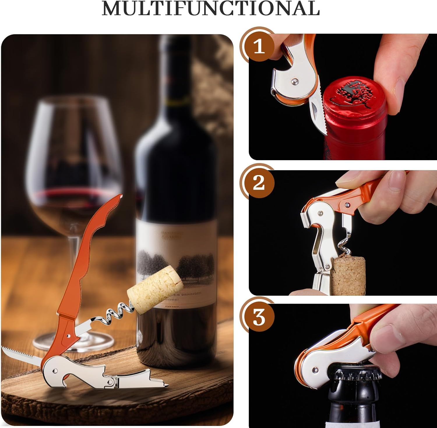 HYZ 2-Pack Wine Opener Waiter Corkscrew, Professional Wine Key for Servers, Bartender with Foil Cutter, Manual Wine Bottle Opener Double Hinged (Orange)