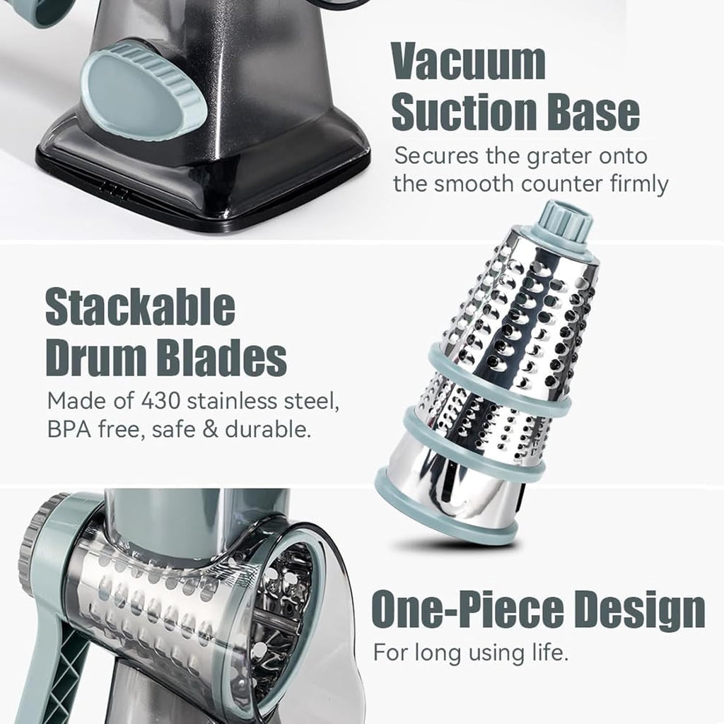 Rotary Cheese Grater, FOVXYVO Cheese Shredder with Strong Suction Base,Cheese Grater with Hand Crank for Kitchen for Cheese,Vegetables,Nuts,Chocolate,3 Changeable Blades