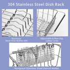 JAQ Dish Drainer in Sink Adjustable 14.96" to 20.59", Expandable 304 Stainless Steel Metal Dish Drying Rack Organizer with Stainless Steel Utensil Holder Over Inside Sink Counter
