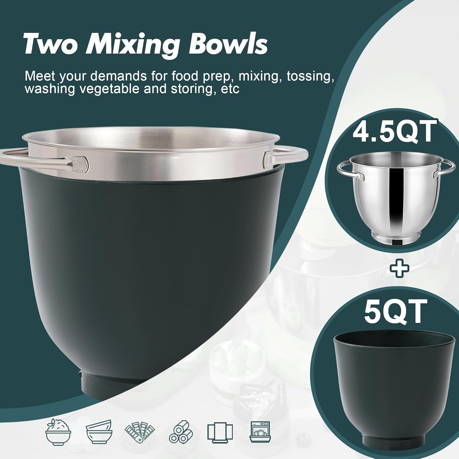 Kitchen in the box Stand Mixer, 4.5QT+5QT Two bowls Electric Food Mixer, 10 Speeds 3-IN-1 Kitchen Mixer for Daily Use with Egg Whisk,Dough Hook,Flat Beater (Turquoise Green, 5QT)