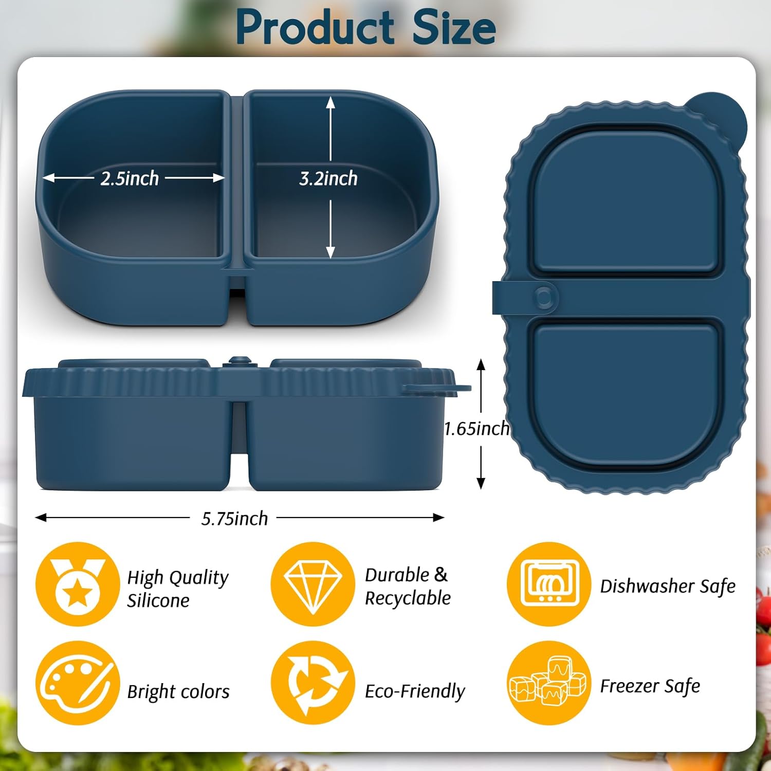 3 Pack Reusable Silicone Snack Containers with Lids, Mini Containers 2 Compartments, Portable Silicone Food Storage Box for Picnic, School, Office (3)