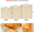 VGOODALL 12 Pack Reusable Toaster Bags, 3 Sizes Non Stick Heat Resistant Sandwich Bags Easy to Clean for Grilled Cheese Sandwiches