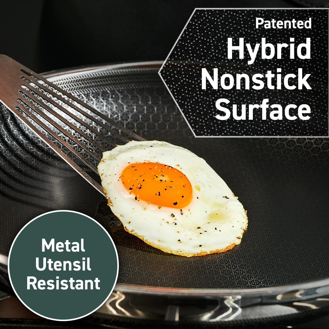 HexClad Hybrid Nonstick 10-Inch Frying Pan with Tempered Glass Lid, Stay-Cool Handle, Dishwasher-Friendly, Oven-Safe Up to 900°F, Induction Ready, Compatible with All Cooktops
