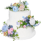 Rinlong 3Pcs Baby Blue Pink Cake Topper Pre-made Cake Decorations Pastel Blush Wedding Cake Decorating Flowers Cake Decor for Baptism Girl Women Birthday Party