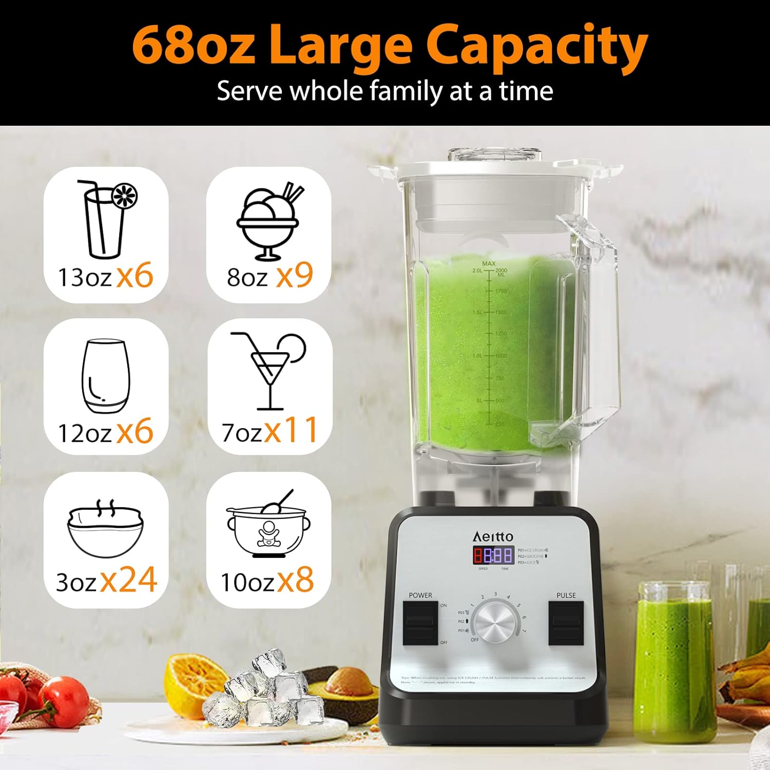 Aeitto Blender, Blenders for Kitchen with 1500-Watt Motor, 68 Oz Large Capacity, Professional Countertop Blenders for Ice Crush, Frozen Drinks, Silver