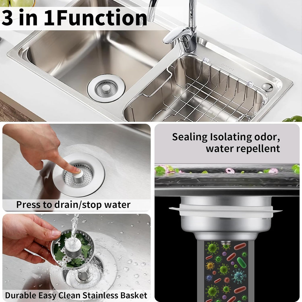 3-in-1 Stainless Steel Kitchen Sink Drain Strainer – Pop-up Sink Stopper with Sealing Ring, Anti-Clog & Odor-Proof Drain Filter, Fits 3-1/2 Inch Sink Drain Holes, Easy Installation