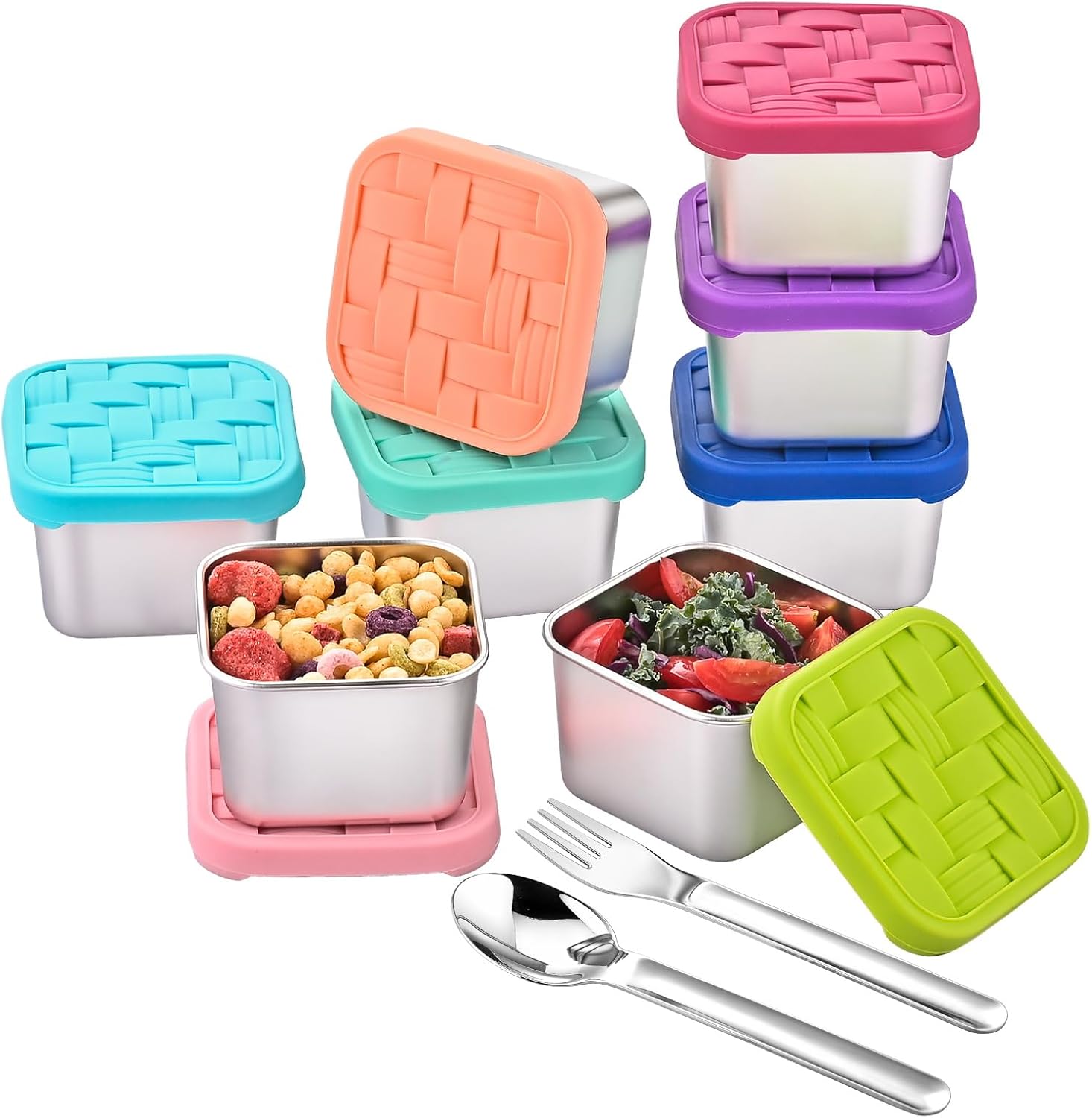 8PC 6oz Stainless Steel Snack Containers with lids, BPA-Free Metal Kids Snack Cups with Fork and Spoon, Leakproof Lunch Box Containers，Resuable Baby Food Storage Bowl