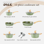 Kitchen Academy Non Toxic Pots and Pans Set Non Stick - 12 Piece Induction Cookware Sets, Green Granite Nonstick Cooking Pot and Pan Set, PFOA&PFOS Free