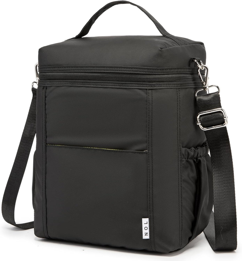 NOL Natural Organic Lifestyle Insulated Lunch Bags for Women Cooler Bag Lightweight Nylon Waterproof Lunch Box For Work (Black, Large)