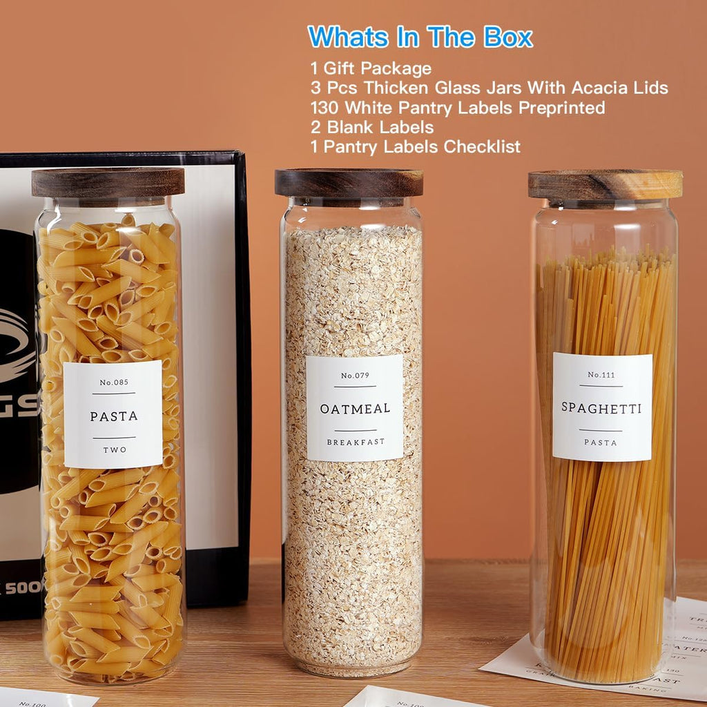 3 Set Glass Pantry Storage Jars with Acacia Airtight Lid - 50oz Thicken Glass Kitchen Canisters with 132 Pantry Labels - Tall Food Storage Containers with Wood Lid for Pasta,Spaghetti,Cereal