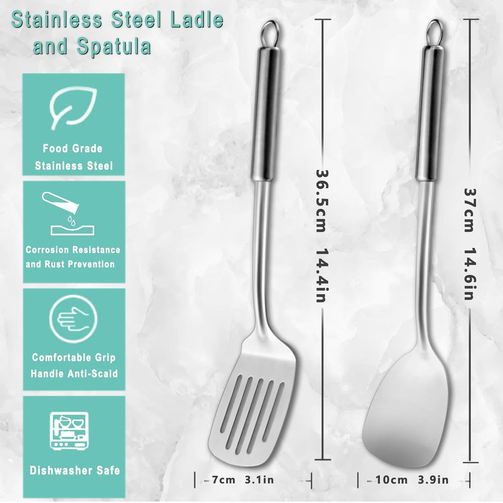 Pleafind 2-Pcs Solid & Slotted Spatula Set, 304 Stainless Steel Spatula, Metal Spatulas, Wok Utensils, Cooking Utensils, Wok Spatulas for Home, Kitchen and Restaurant, Dishwasher Safe