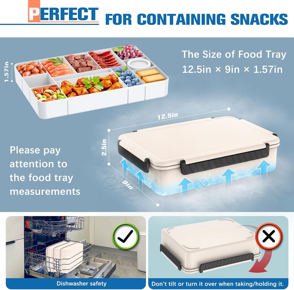 Chilled Divided Serving Tray Snackle Box Container with Ice Pack Bonus Insulated Bag 2 Dip Containers Summer Beach Essentials for Charcuterie Snack Road Trip Picnic Family Party Keep Food Fresh