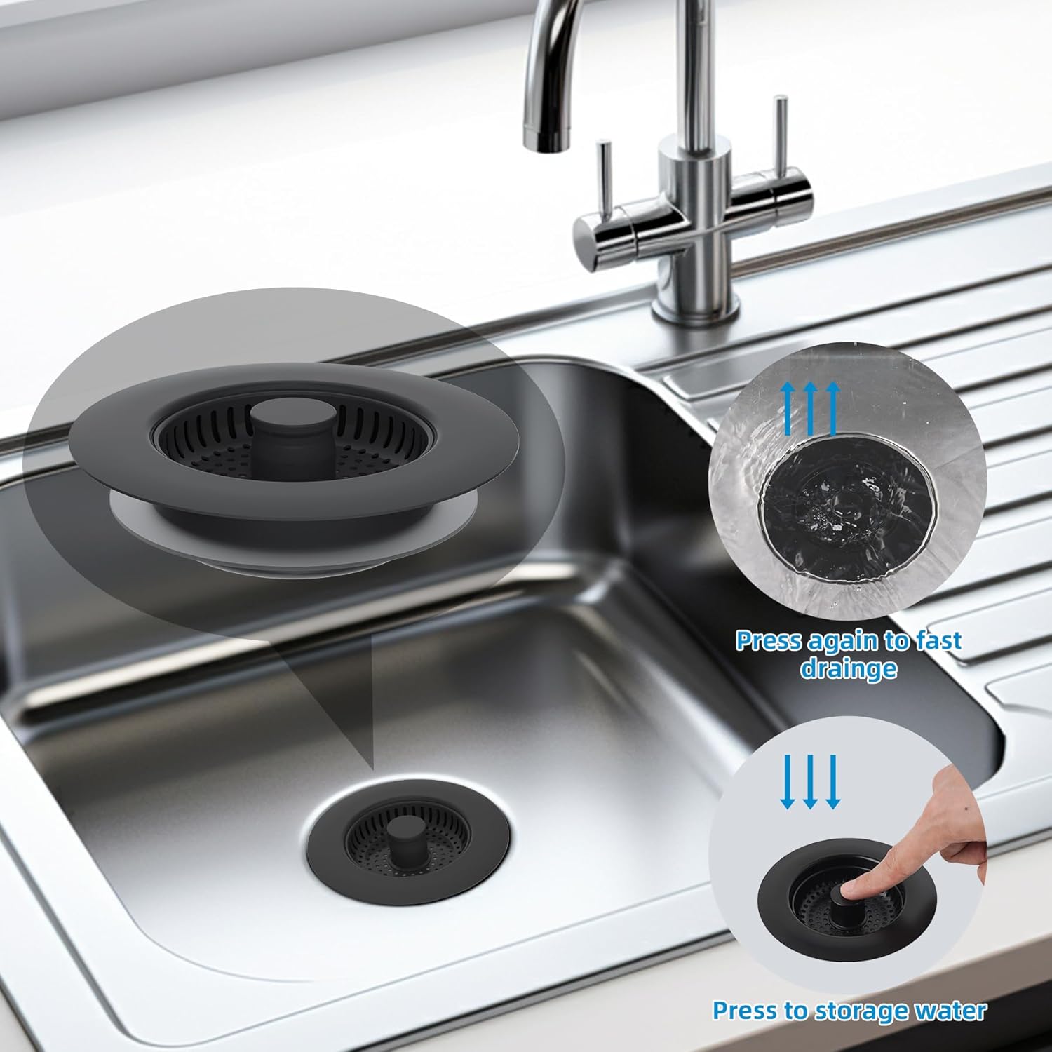 Hibbent All Metal Stainless Steel 3 in 1 Kitchen Sink Drain Strainer, Upgraded Sink Stop Combo, 3 Anti-Clogging Stainless Steel Baskets Strainer with Metal Handle for US Standard 3-1/2" Drain, Black