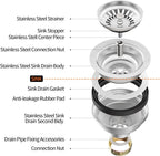 KONE Sink Drain Assembly, Kitchen Sink Drain Strainer Kit with Removable Strainer Basket Stopper, Universal fit USA Home/Commercial 3-1/2 Inch Standard Sink Drain Hole (Stainless Steel)