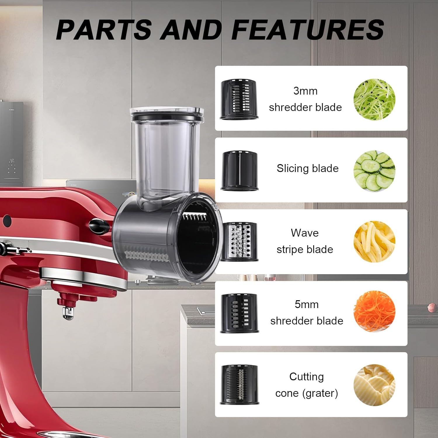 Slicer/Shredder Attachment Compatible with KitchenAid Stand Mixers 5 Blade Stainless Steel Food Processor with Detachable Blades for Cheese Grating, Vegetable, Salad Making Food Shredding