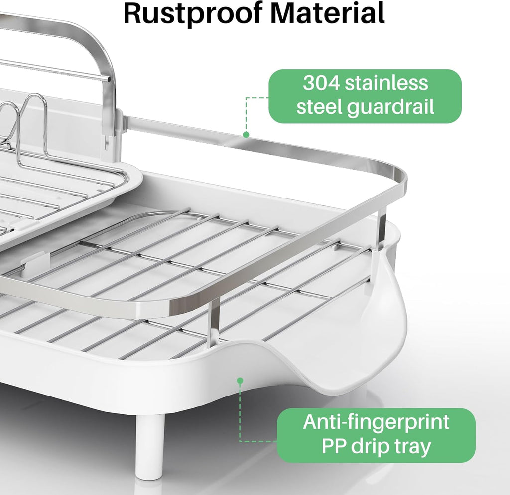 SAYZH Dish Drying Rack - Expandable Dish Rack for Kitchen Counter, Rust-Resistant Dish Drainer with Utensil Holder and Raised Guardrail, Kitchen Organizer for Cup and Bottle (White)