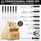 Knife Set, 15 Pcs Kitchen Knife Block Set, Enduring Razor-Sharp Japanese High Carbon Stainless Steel Chef Knife Set with Block and Sharpener, Premium Knives Set for Kitchen, Black Natural Wood